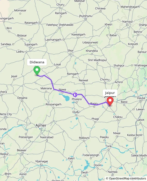 Route map showing distance and travel time from Didwana, India to Jaipur, India