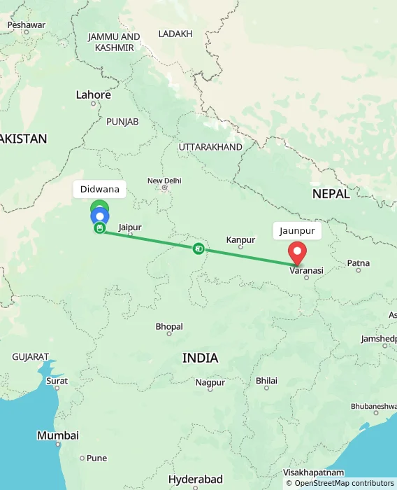 Route map showing distance and travel time from Didwana, India to Jaunpur, India
