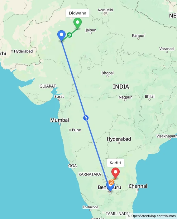 Route map showing distance and travel time from Didwana, India to Kadiri, India