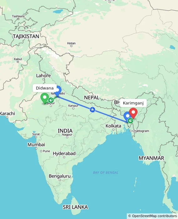 Route map showing distance and travel time from Didwana, India to Karimganj, India