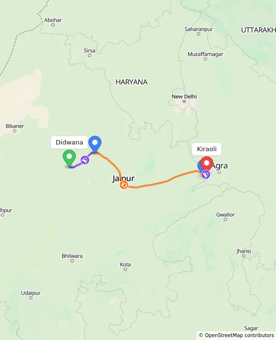 Route map showing distance and travel time from Didwana, India to Kiraoli, India