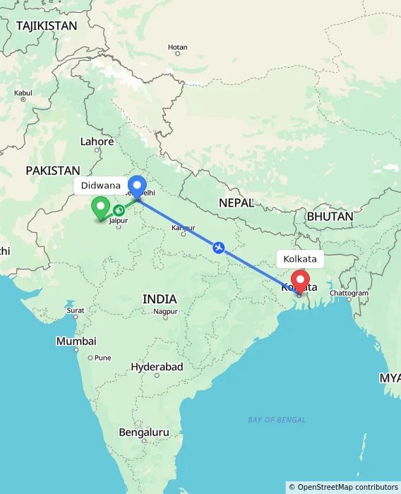 Route map showing distance and travel time from Didwana, India to Kolkata, India