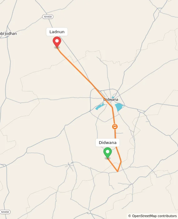 Route map showing distance and travel time from Didwana, India to Ladnun, India