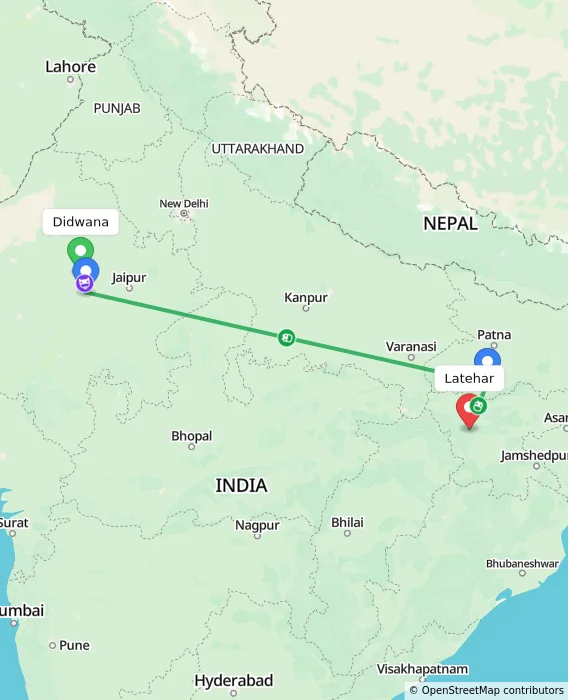 Route map showing distance and travel time from Didwana, India to Latehar, India