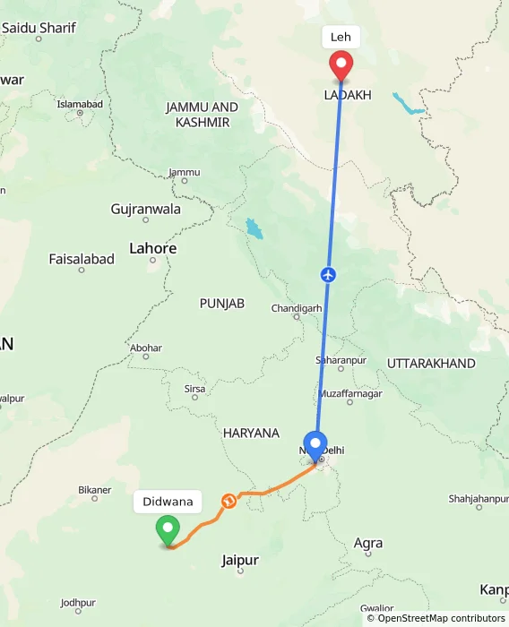 Route map showing distance and travel time from Didwana, India to Leh, India
