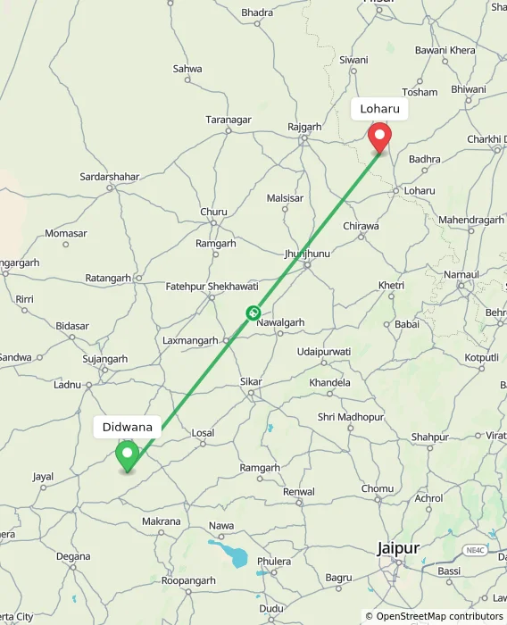 Route map showing distance and travel time from Didwana, India to Loharu, India