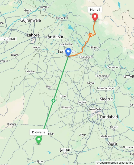 Route map showing distance and travel time from Didwana, India to Manali, India