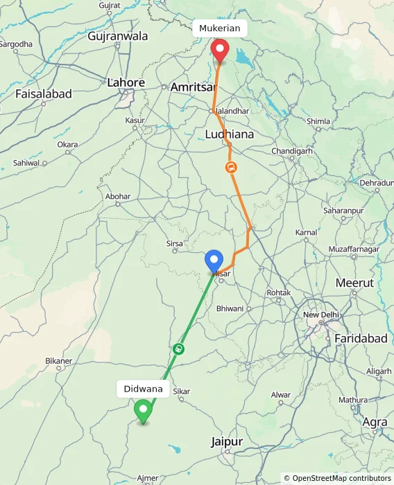 Route map showing distance and travel time from Didwana, India to Mukerian, India