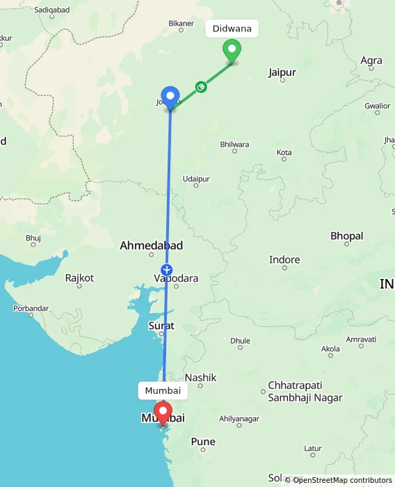 Route map showing distance and travel time from Didwana, India to Mumbai, India
