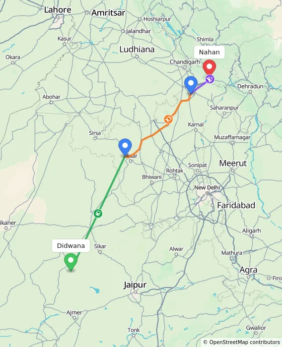 Route map showing distance and travel time from Didwana, India to Nahan, India