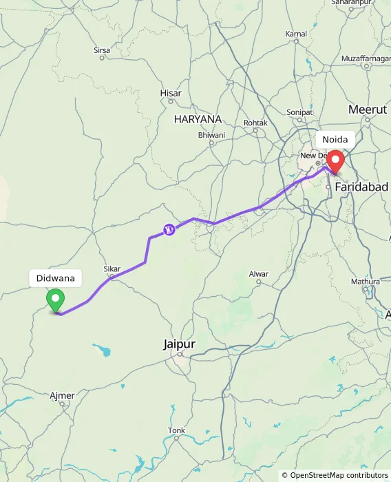Route map showing distance and travel time from Didwana, India to Noida, India