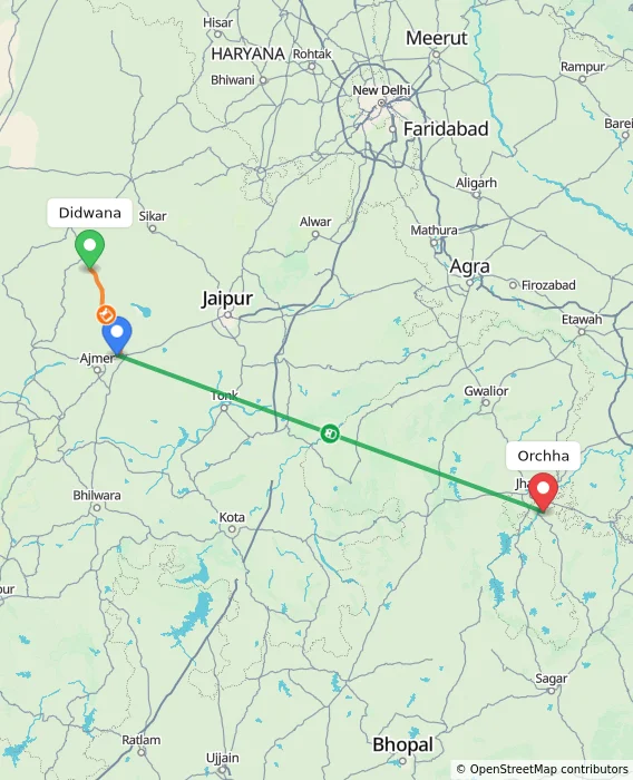 Route map showing distance and travel time from Didwana, India to Orchha, India
