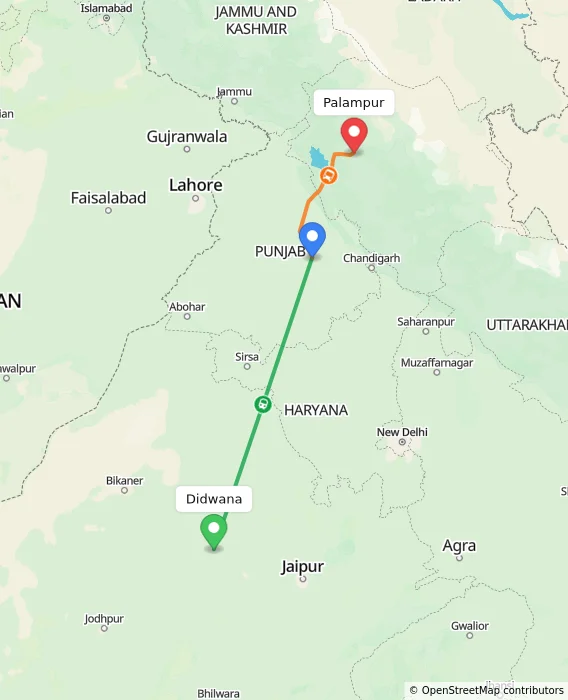 Route map showing distance and travel time from Didwana, India to Palampur, India