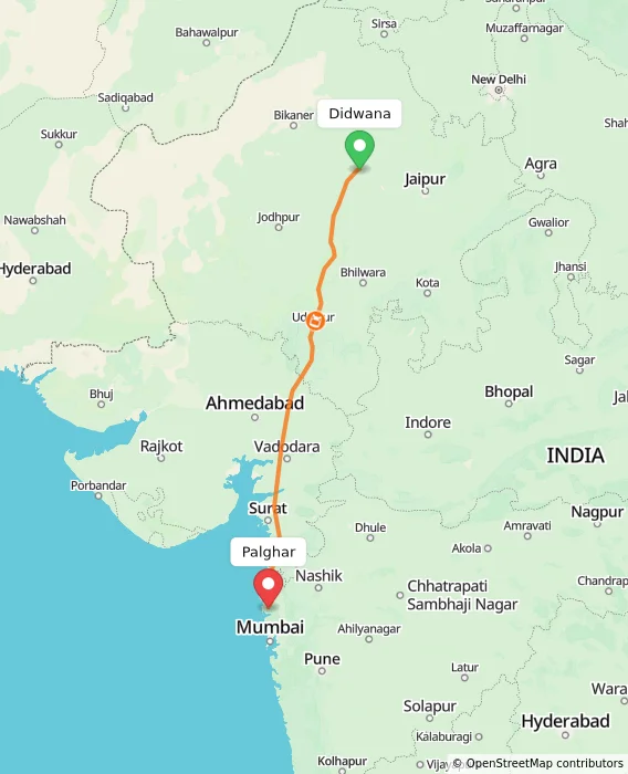 Route map showing distance and travel time from Didwana, India to Palghar, India