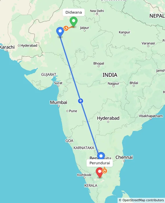 Route map showing distance and travel time from Didwana, India to Perundurai, India