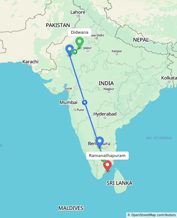 Route map showing distance and travel time from Didwana, India to Ramanathapuram, India