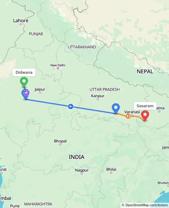 Route map showing distance and travel time from Didwana, India to Sasaram, India