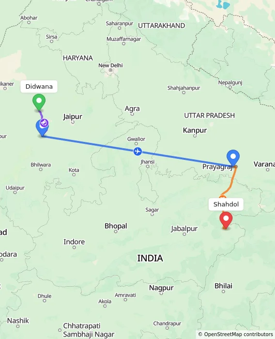 Route map showing distance and travel time from Didwana, India to Shahdol, India
