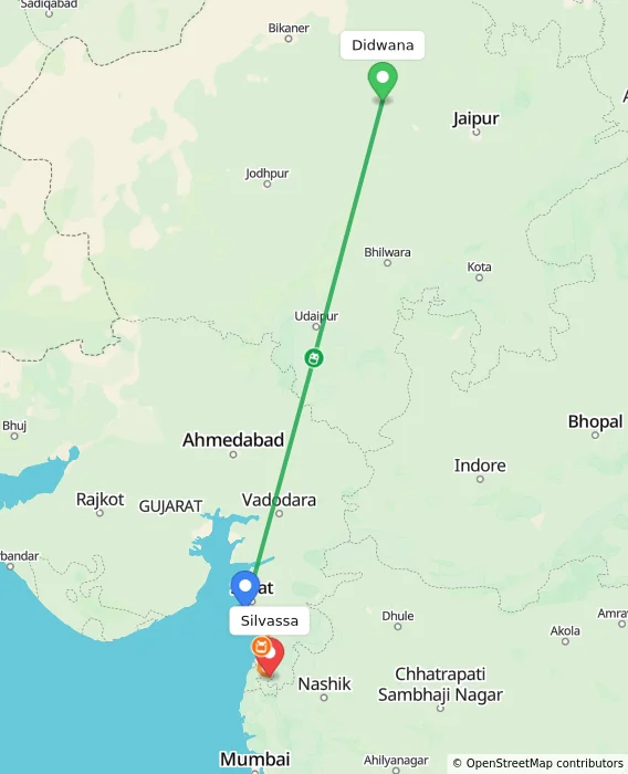 Route map showing distance and travel time from Didwana, India to Silvassa, India