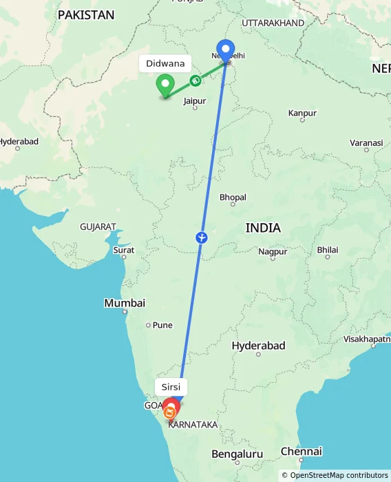 Route map showing distance and travel time from Didwana, India to Sirsi, India