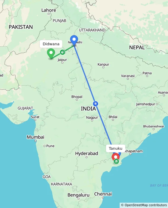 Route map showing distance and travel time from Didwana, India to Tanuku, India