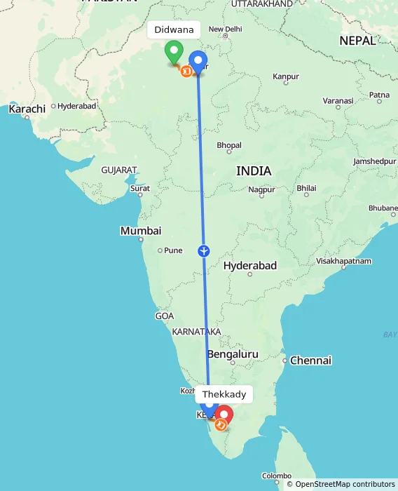 Route map showing distance and travel time from Didwana, India to Thekkady, India