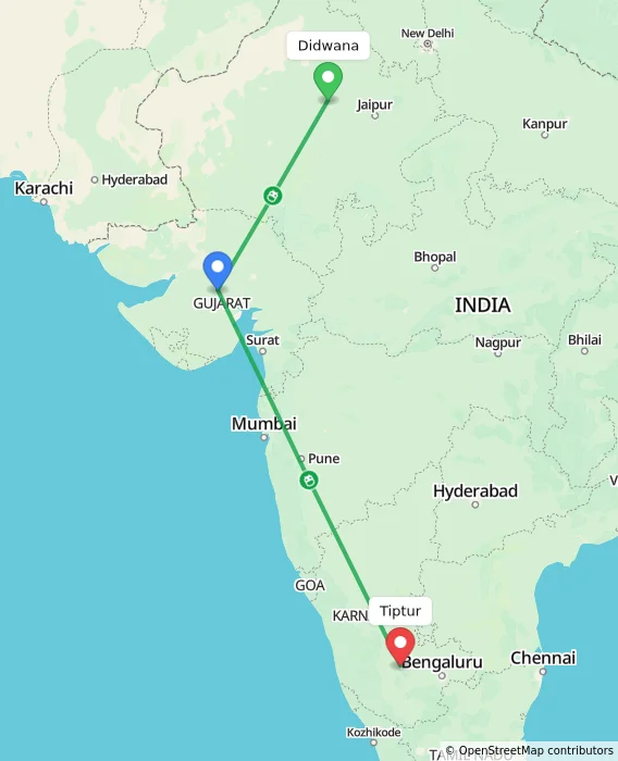Route map showing distance and travel time from Didwana, India to Tiptur, India
