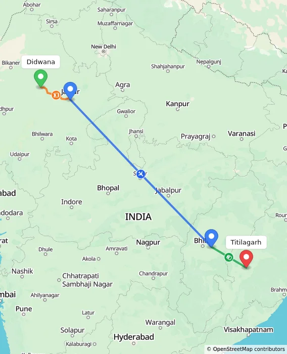 Route map showing distance and travel time from Didwana, India to Titilagarh, India