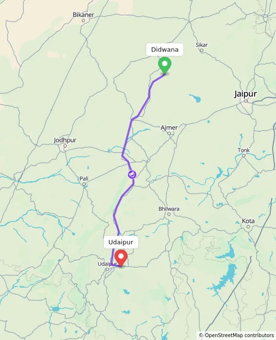 Route map showing distance and travel time from Didwana, India to Udaipur, India