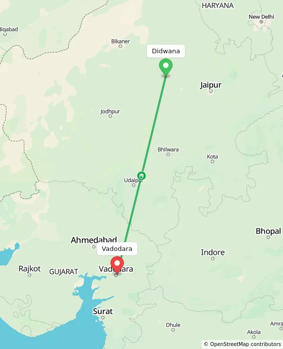 Route map showing distance and travel time from Didwana, India to Vadodara, India
