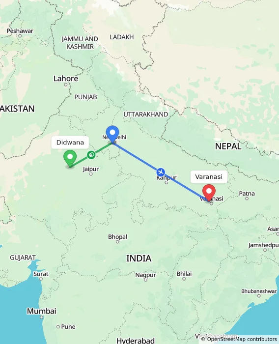 Route map showing distance and travel time from Didwana, India to Varanasi, India