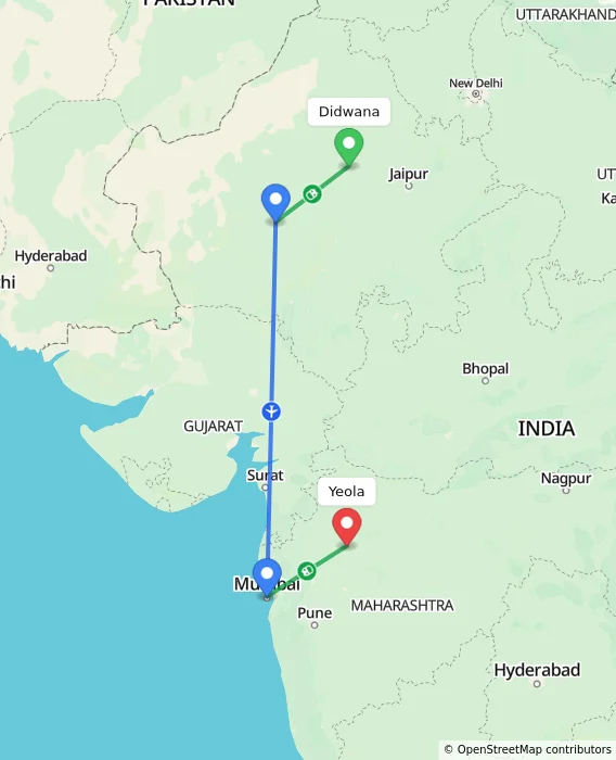 Route map showing distance and travel time from Didwana, India to Yeola, India