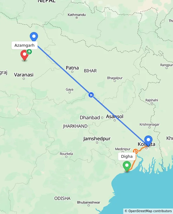 Route map showing distance and travel time from Digha, India to Azamgarh, India