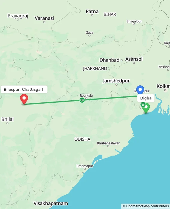 Route map showing distance and travel time from Digha, India to Bilaspur, Chattisgarh, India