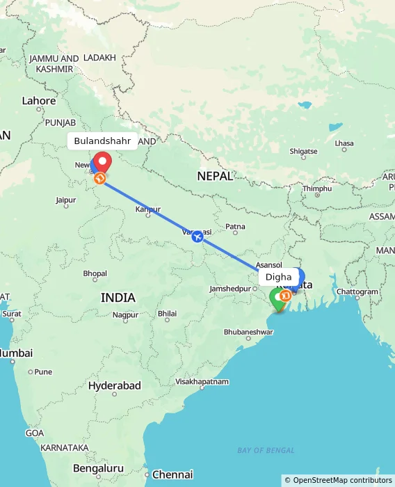 Route map showing distance and travel time from Digha, India to Bulandshahr, India