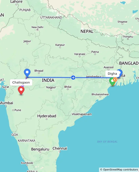 Route map showing distance and travel time from Digha, India to Chalisgaon, India