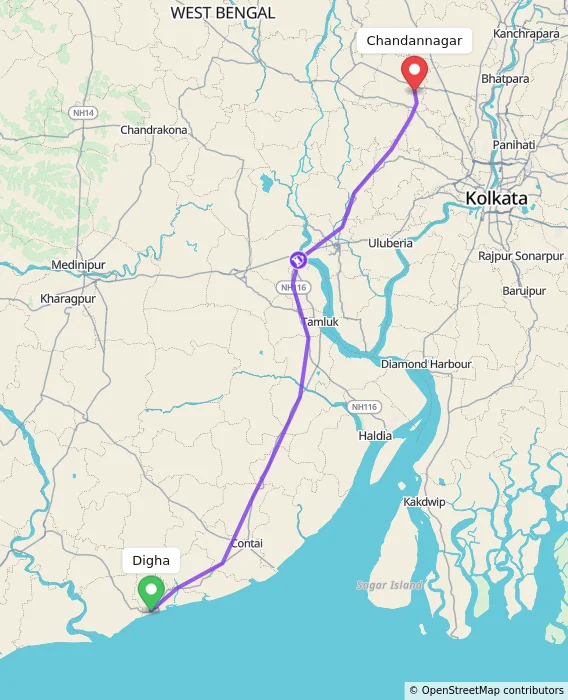 Route map showing distance and travel time from Digha, India to Chandannagar, India