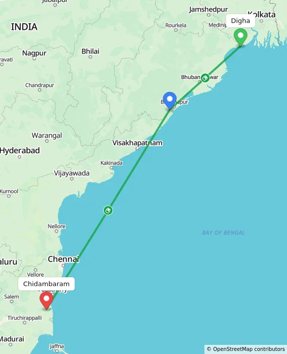 Route map showing distance and travel time from Digha, India to Chidambaram, India