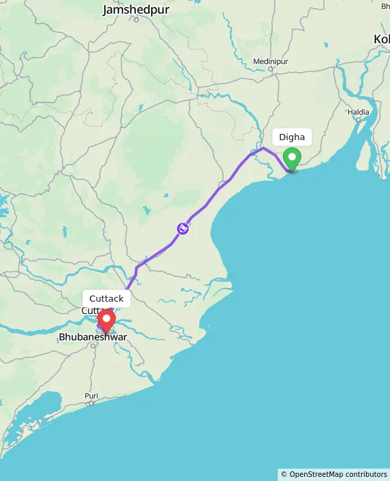 Route map showing distance and travel time from Digha, India to Cuttack, India