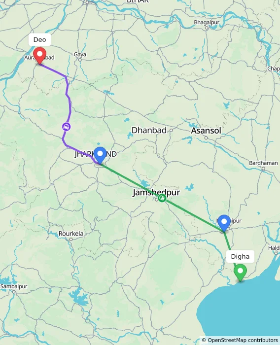 Route map showing distance and travel time from Digha, India to Deo, India