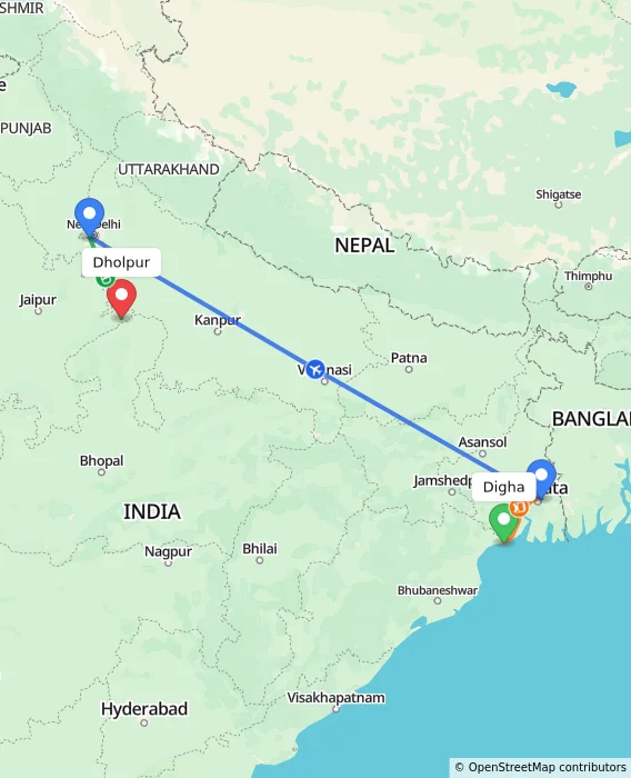 Route map showing distance and travel time from Digha, India to Dholpur, India