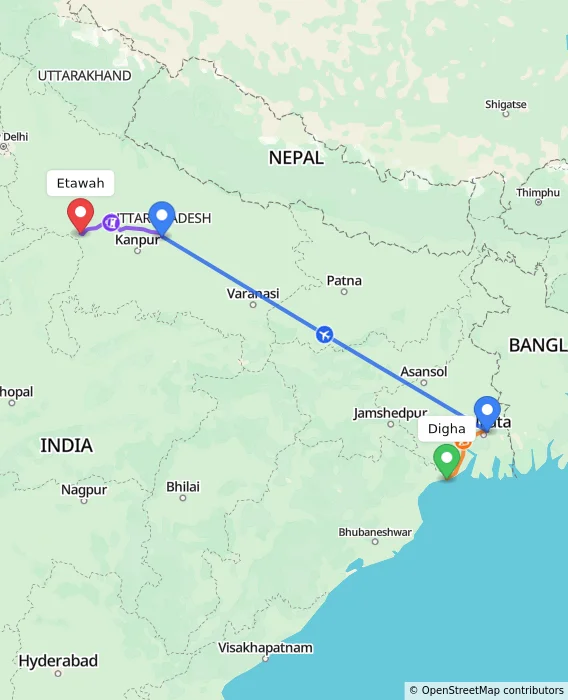 Route map showing distance and travel time from Digha, India to Etawah, India