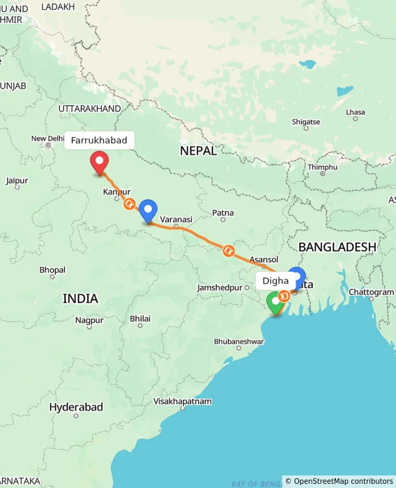 Route map showing distance and travel time from Digha, India to Farrukhabad, India