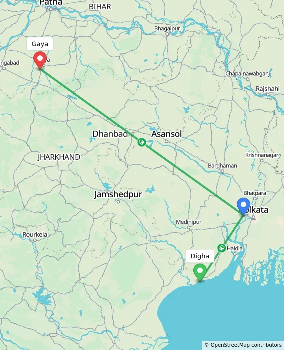 Route map showing distance and travel time from Digha, India to Gaya, India
