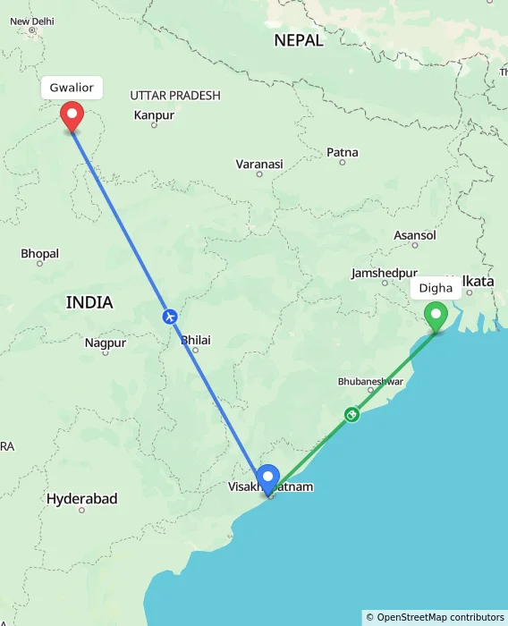 Route map showing distance and travel time from Digha, India to Gwalior, India