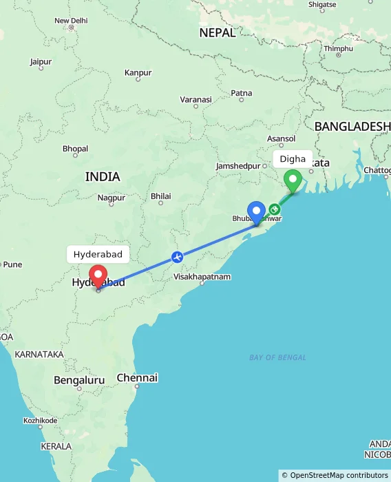 Route map showing distance and travel time from Digha, India to Hyderabad, India