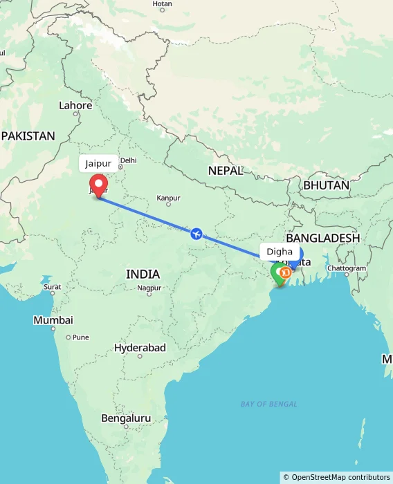 Route map showing distance and travel time from Digha, India to Jaipur, India
