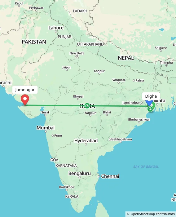 Route map showing distance and travel time from Digha, India to Jamnagar, India
