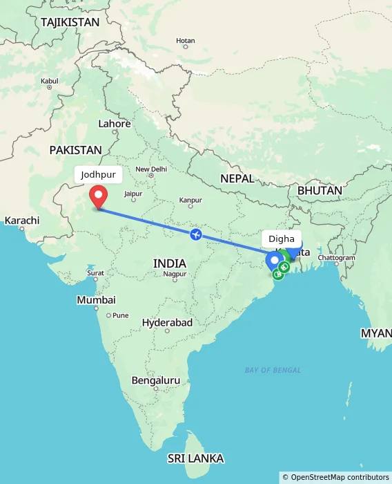 Route map showing distance and travel time from Digha, India to Jodhpur, India