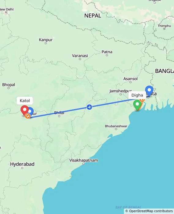 Route map showing distance and travel time from Digha, India to Katol, India